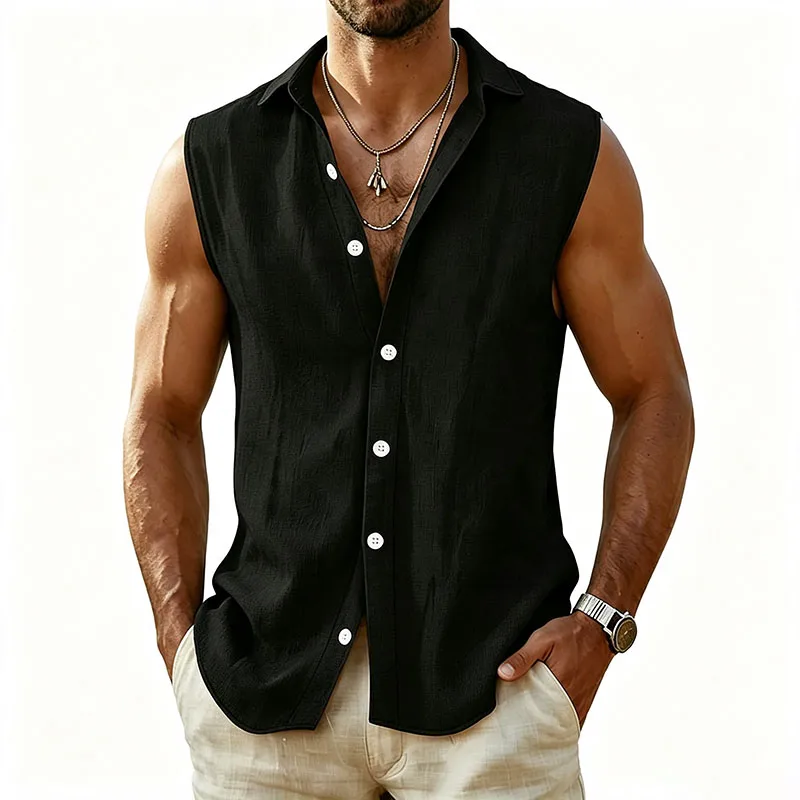 2026 Men's Sleeveless Cotton Linen Shirt Turn Down Collar Button Up Solid Regular Fit Summer Casual Beach Daily Outdoor Tops