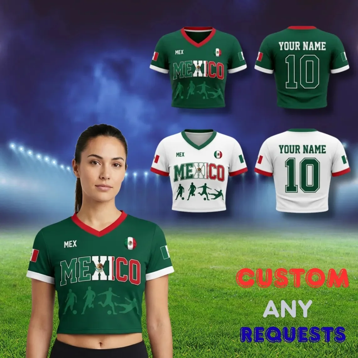Mexico Soccer Crop Top Custom Name Number Football Jersey, Women's Sports T-Shirts Gift