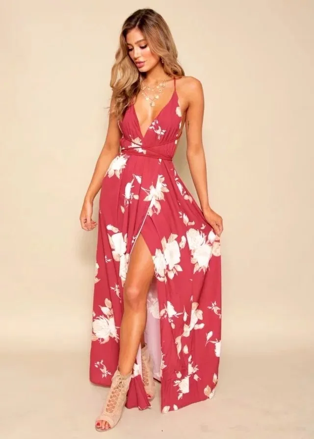 Robe de soirée longue à col en V et dos nu pour femmes, robe à licou, jupe flottante, coupe basse, bohème, plage, sexy, mode estivale, nouveau, 2024