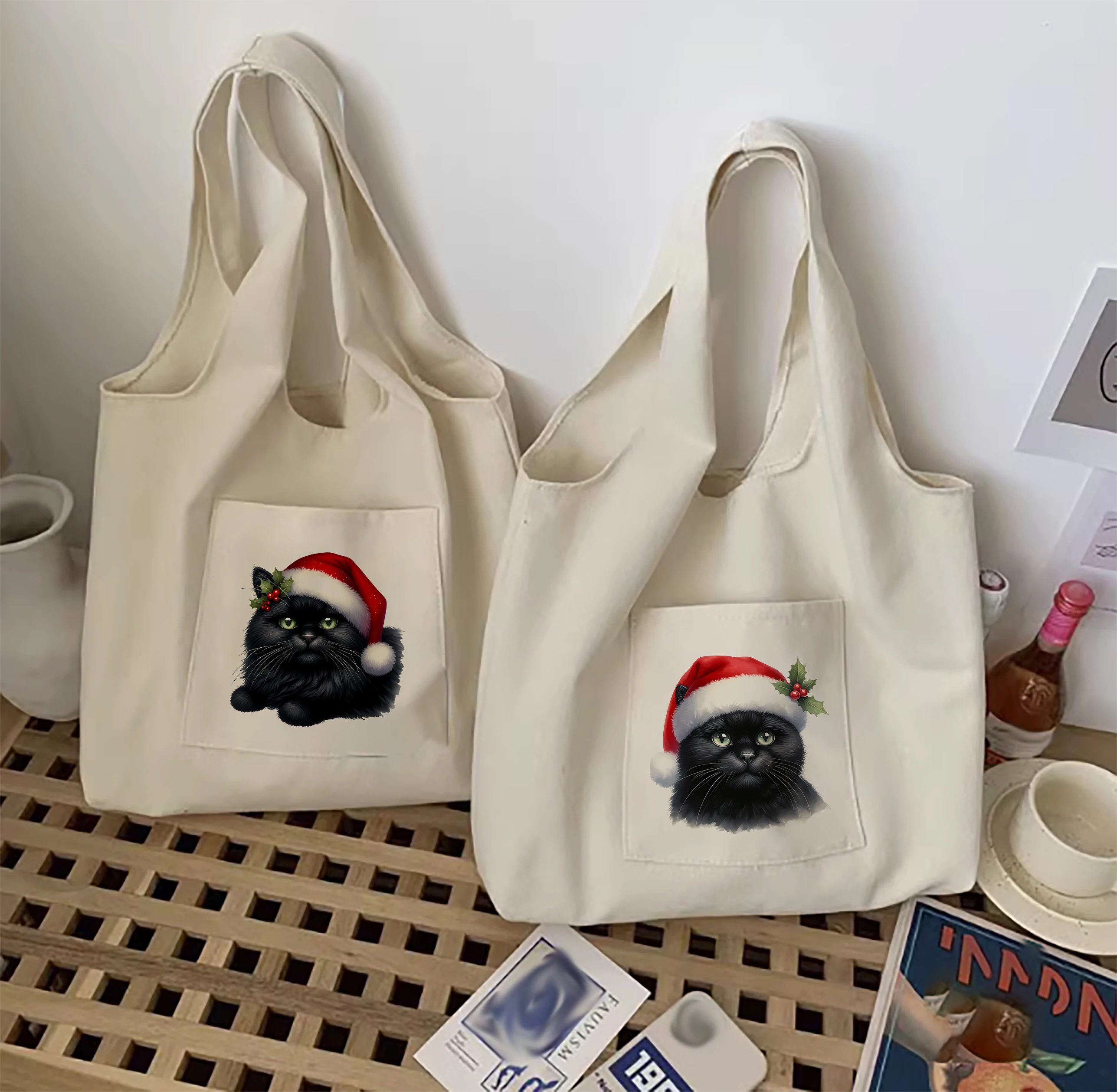 

Canvas vacation bag handbag storage bag kitchen miscellaneous storage bag women's vest bag Christmas black cat