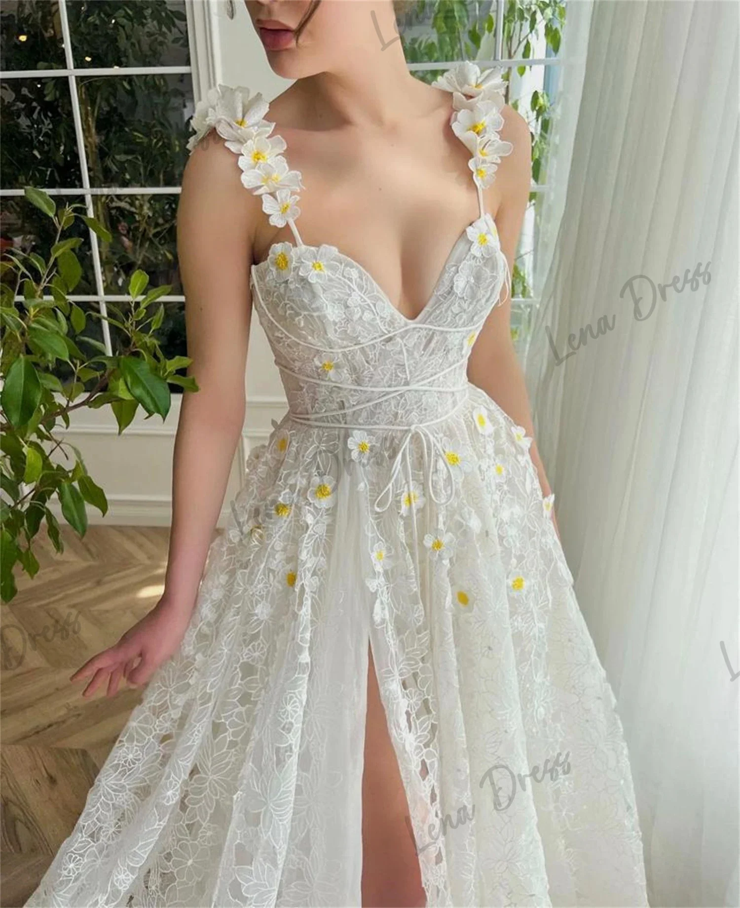 Handmade Flowers Evening Dresses for Special Occasions Lena Prom Dresses Sale Lace White Line A Simple and Elegant Formal Dress