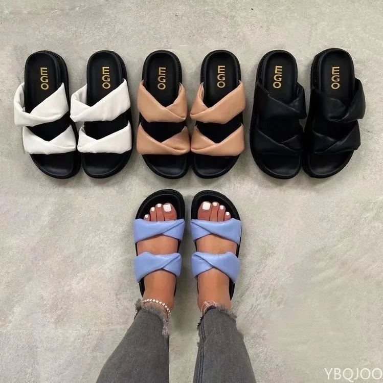 Ladies Sandals 2022 Summer Word Belt Roman Slippers Women's Closed Toe Flat Platform Slippers Casual Plus Size Sandals