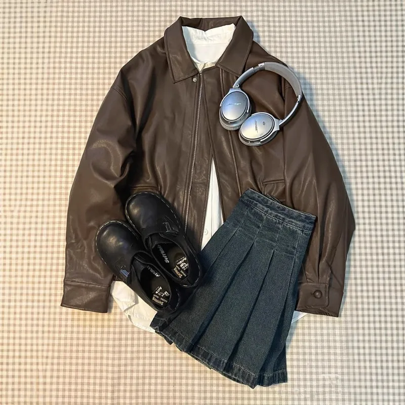 

Retro Brown Women's Jackets 2025 Autumn New Fashion Lapel Motorcycle Women Tops Loose Double Layered Placket Leather Jacket Coat