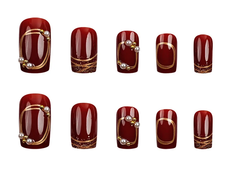 เล็บปลอมแบบกดติดลายปลายฝรั่งเศสสีทองประกายมุก ประดับมุกและคริสตัล สีเบอร์กันดี พร้อมกาวติดเล็บปลอมแบบเต็มแผ่น สำหรับผู้หญิง 24 ชิ้น
