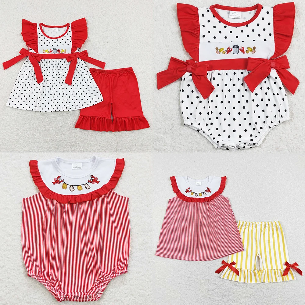 Boutique Baby Girls Clothes Crawfish Lobster Tunic Tops Shorts Sets Fashion Kids Girls Sister Sibling Clothing Baby Rompers Hot