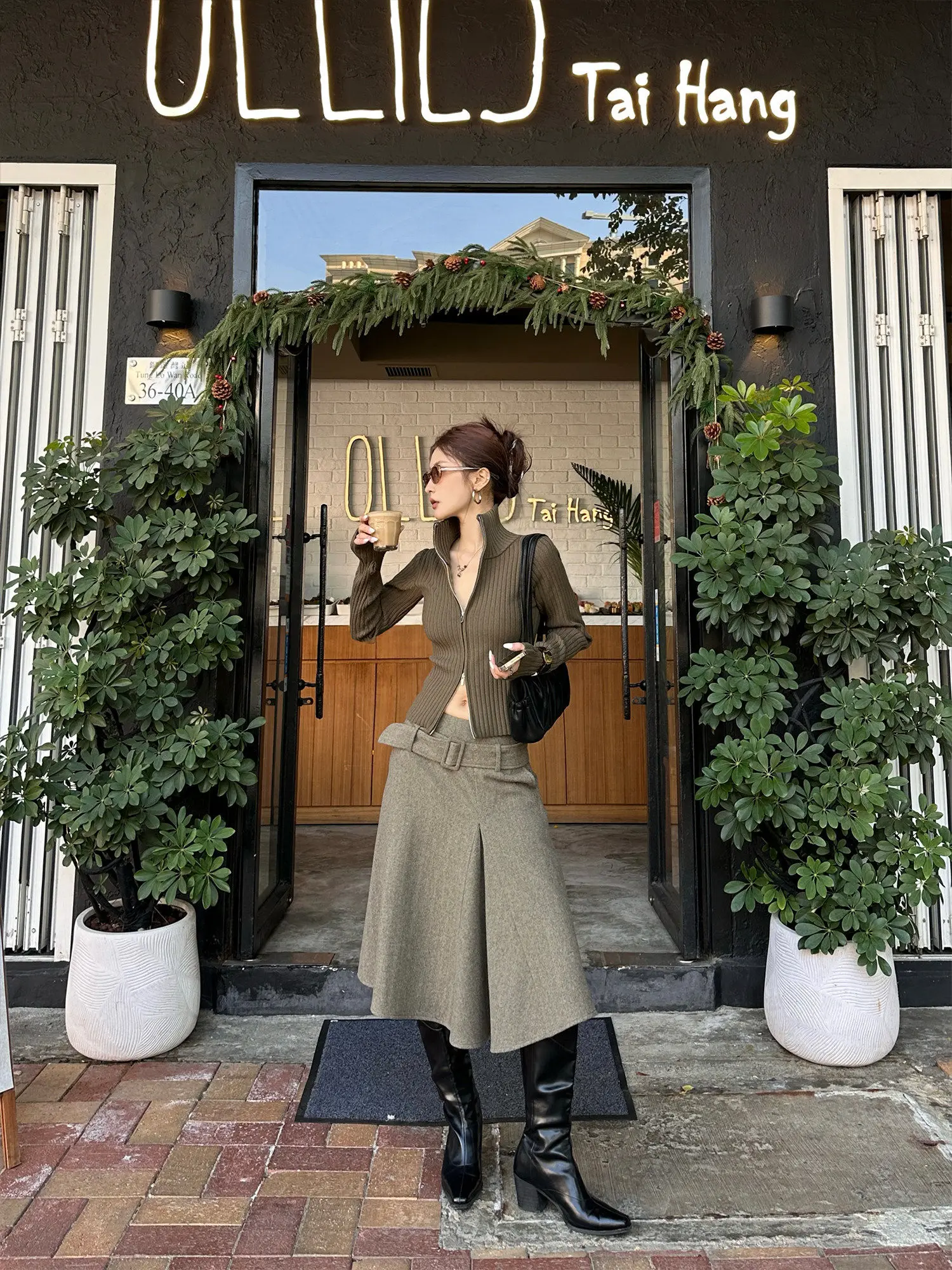 【FANGTING】Women's Herringbone Wool A-Line Skirt Early Spring Retro Textured Umbrella Skirt