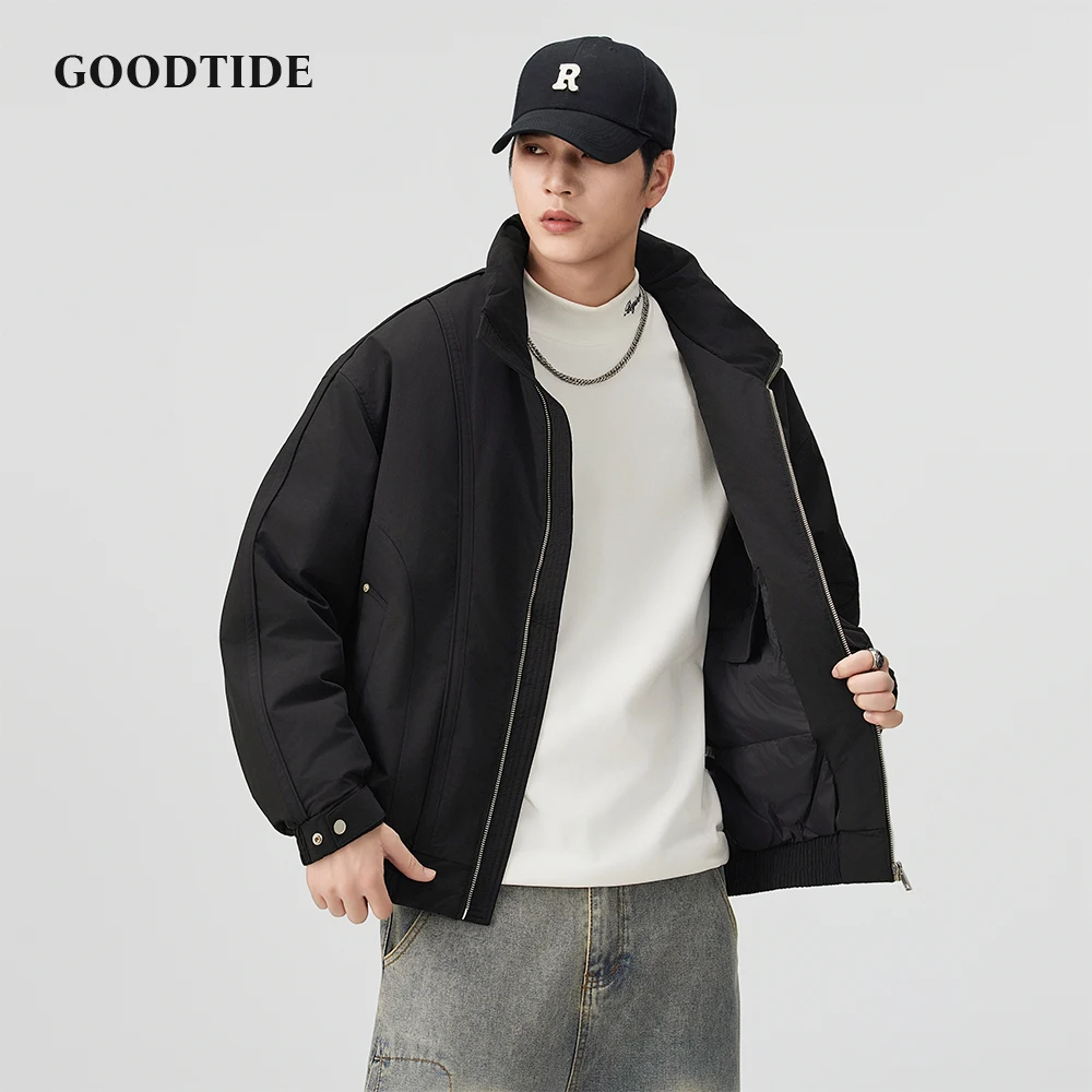 سترة منفوخة غير رسمية للرجال لشتاء 2025 بياقة ثابتة وحاشية مضلعة وتصميم فضفاض مناسب للرجال سترة دافئة للأسفل