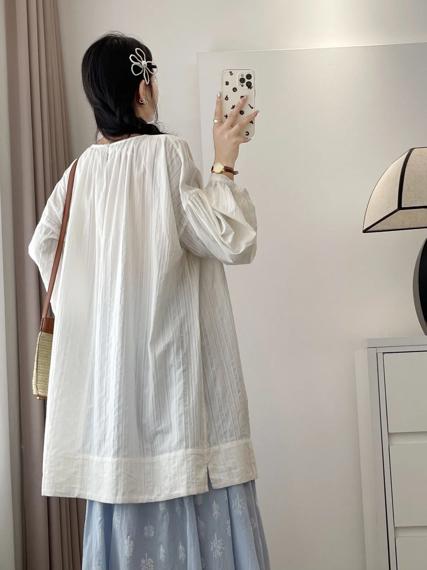 เสื้อทรงหลวมสไตล์ญี่ปุ่นทรงกลม Ne Long Sve ปกปิดเนื้อเนื้อเรียบง่าย Bubble Sve Ele Age Reducing Top