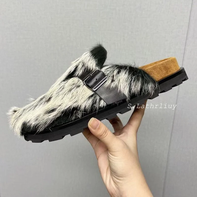 Spring Autumn Belt Buckle Casual Half Slippers Women's Fur Split Toe Slippers Thick Bottom Non-slip Outdoor Lazy Mules Shoes