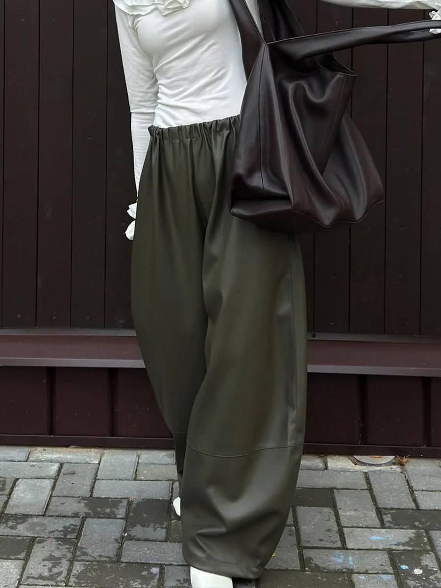 Bornladies feminino 2025 outono inverno pu lanterna calças elegante preguiçoso cordão casual exército verde perna larga calças de couro