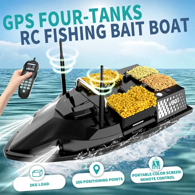 V803 RC Bait Boat 500m 3KG Load 4 Silos Dual Antenna Built-in Fish Detector Intelligent Cruise Return Night Fishing