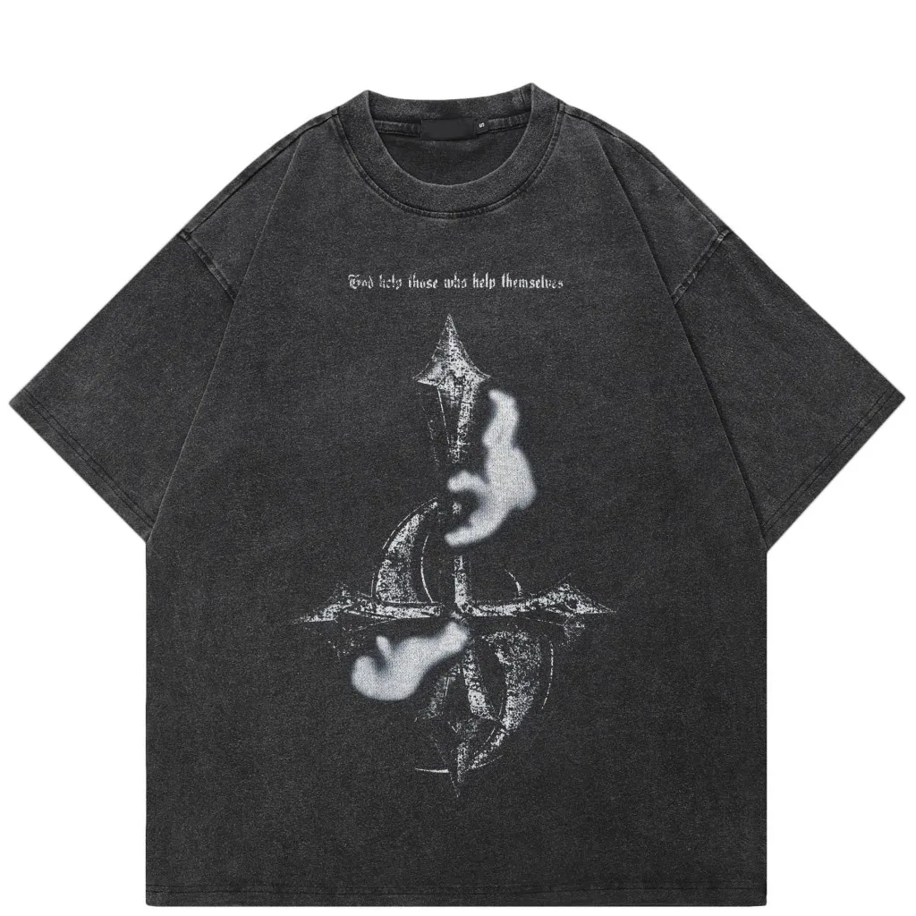 

Trendyretro english self-help god helps graphic printing t-shirt men's women's t-shirt retro washed oversized cotton streetwear