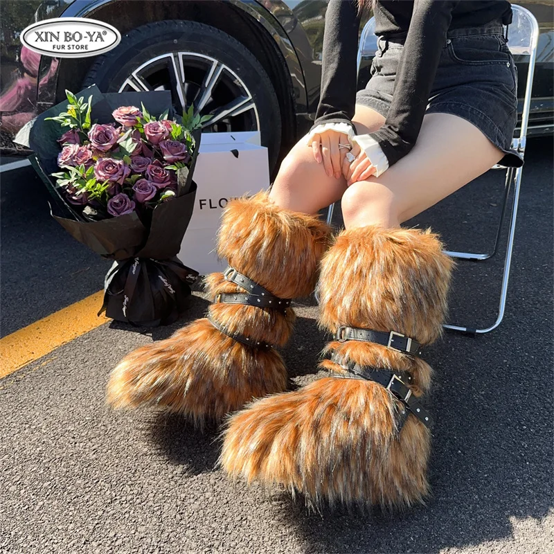 מגפי חורף של נשים עיצוב חדש פרווה דביבון פרווה דביבון נעליים נשים נעליים פרווה מחוץ לדלדלדגם נעלי שלג ורוד מגניב ילדה מגפי