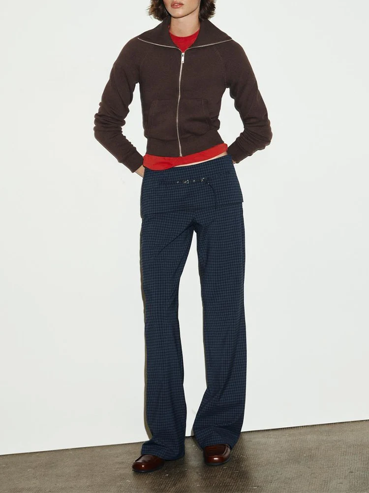 أزياء نسائية جديدة على الطراز الأوروبي، سراويل متوسطة الخصر منقوشة متعددة الاستخدامات وأنيقة وبسيطة وغير رسمية مع حزام. #1