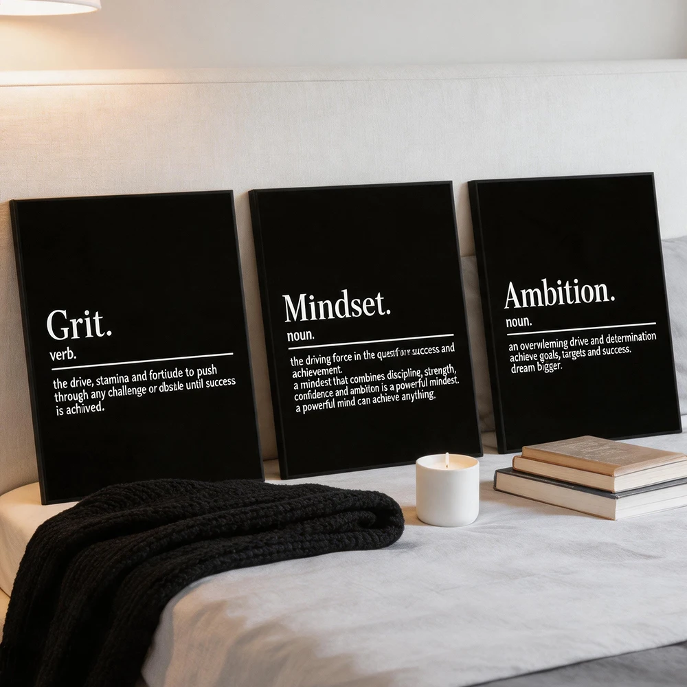 Lot de 3 tableaux muraux en toile avec cadre en bois, thèmes Grit, Mindset, Ambition, pour la décoration de salon, chambre, cuisine, bureau et maison