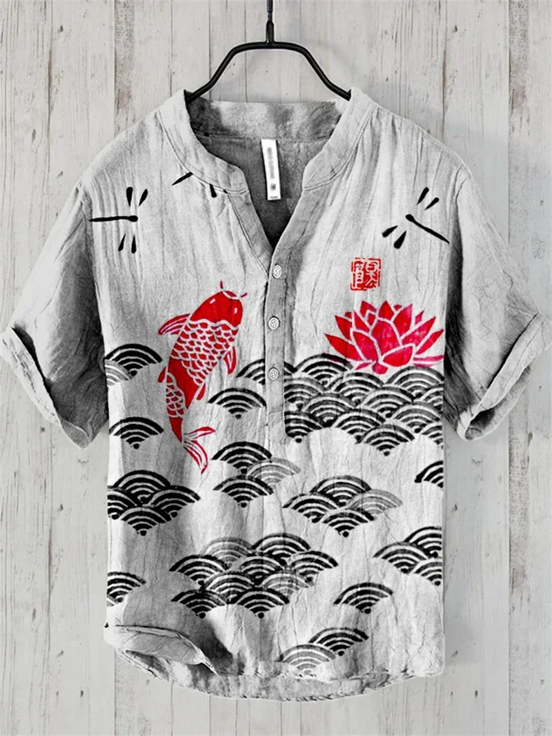 Camicie da uomo e da donna primaverili ed estive stazione indipendente casual fish pattern camicie stile hawaiano top da uomo 100% lino