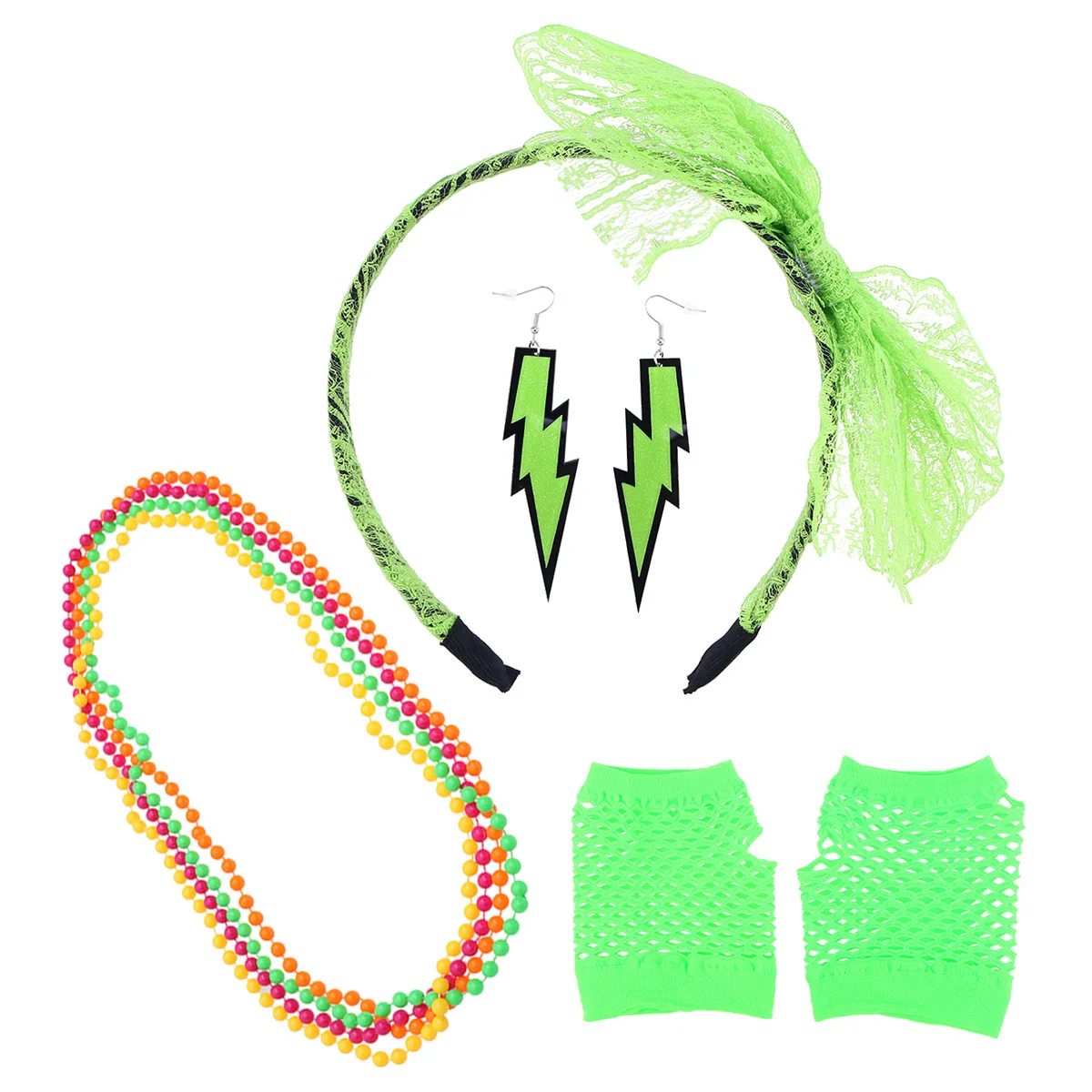 Ensemble d'accessoires de Costume des années 80, bandeau en dentelle, gants en résille sans doigts, boucles d'oreilles néon, collier, série vert clair pour fête