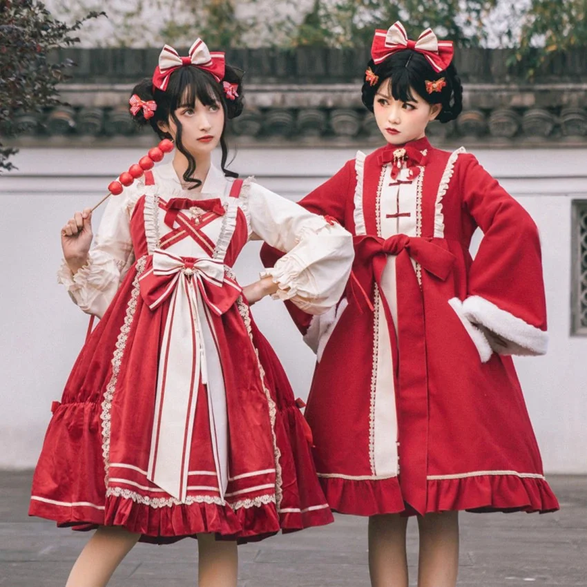 Nansheng Dream Chinese Style Lolita Long Sleeve Sister Dress Hanfu with Chinese Elements Lolita New Year Red Dresses