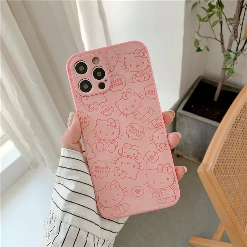 Hello Kitty Cartoon Phone Cases for IPhone 14 13 12 11 Pro Max XR XS MAX 8 X 7 SE 2022 Imitation Leather Kawaii Phone Back Cover