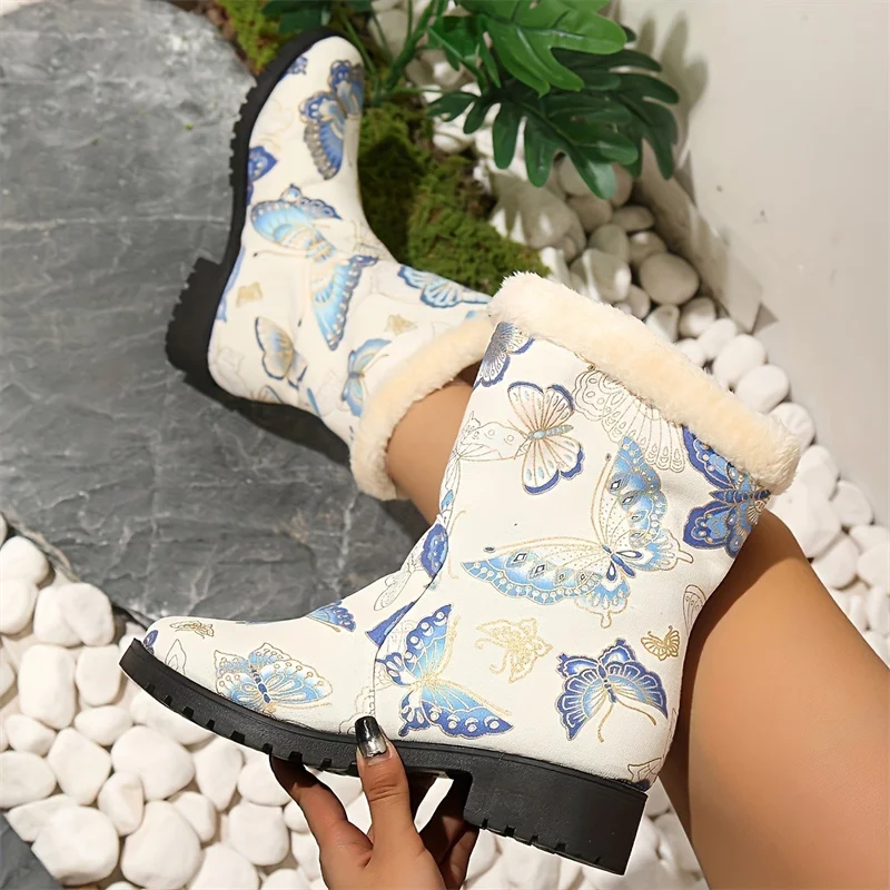 Print Random Women Snow Ankle Boots Cotton Shoes Fur Chunky New Short Plush Boots 2024 Winter Fashion Warm Brand Mujer Zapatos