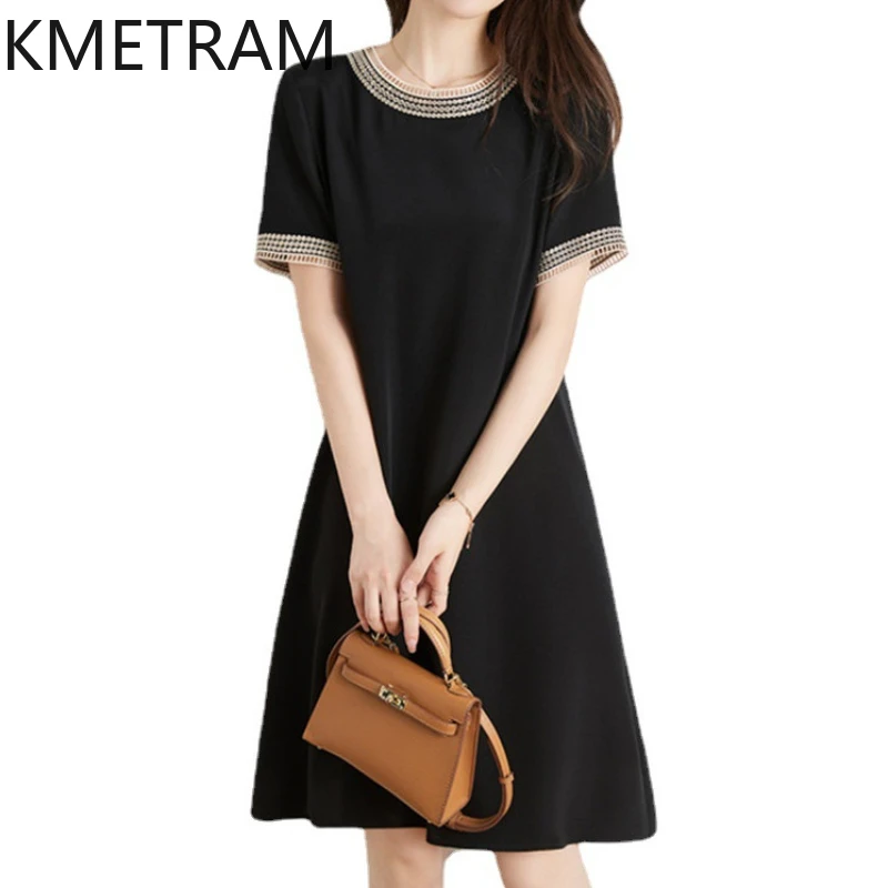 

KMETRAM High End Real Silk Black Dresses for Women 2024 Summer Women's Clothing New O-Neck Embroidery Dress Vestidos De Mujer