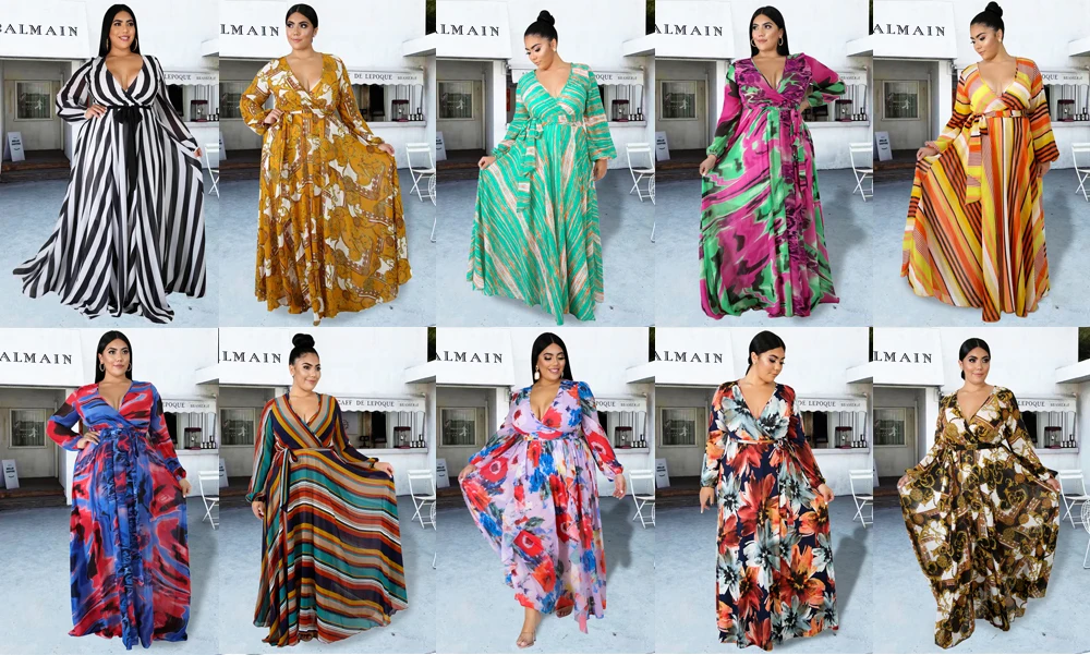 African Chiffon Dresses For Women V-neck Muslim Print Stripe Maxi Clothes Summer Islam Novelty Muslim Fashion Long Sleeve 5XL