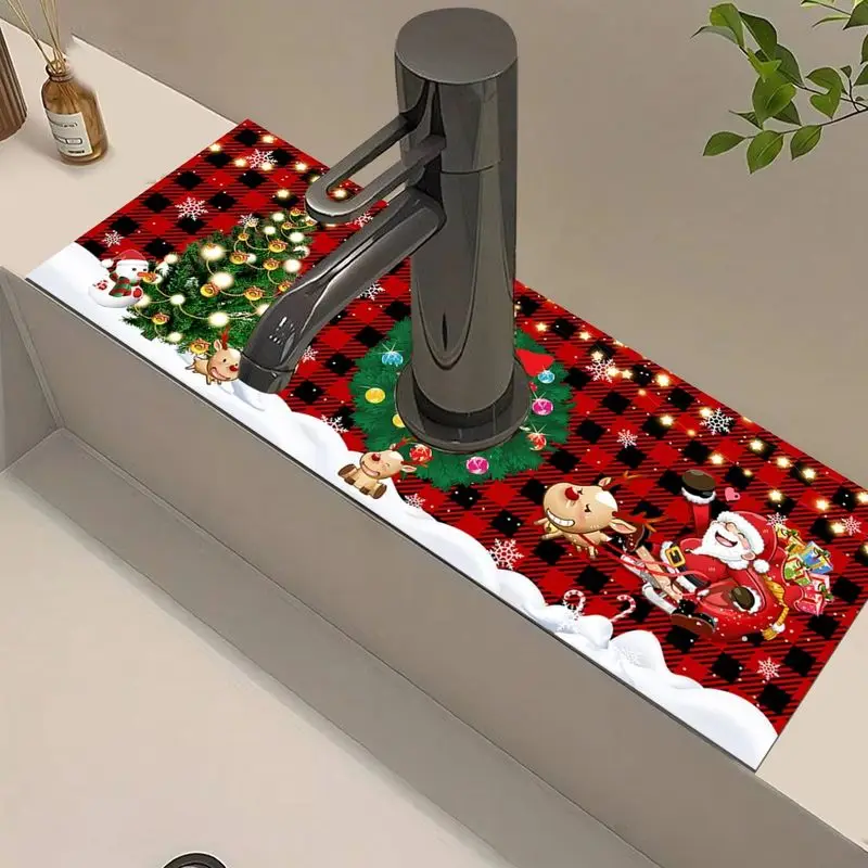 VIKAMA Christmas Faucet Mat Buffalo Plaid Snowman Gingerbread Santa Xmas Sink Splash Pad Absorbent Quick Dry Kitchen Decor