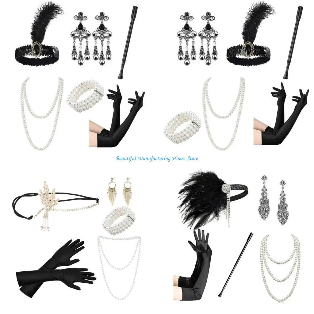 

E56A Flapper Costume Accessories Feathers Headband Necklace Earrings for 1920s Party