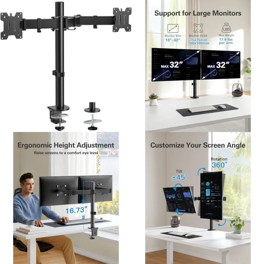 Dual Monitor Mount up to 32 Inch Screens, Heavy-Duty Steel Dual Monitor Stand, Full Motion Adjustable Arm with Tilt, Swivel, Rotate, Holds up to 17.6 lbs per Arm, VESA 75/100mm