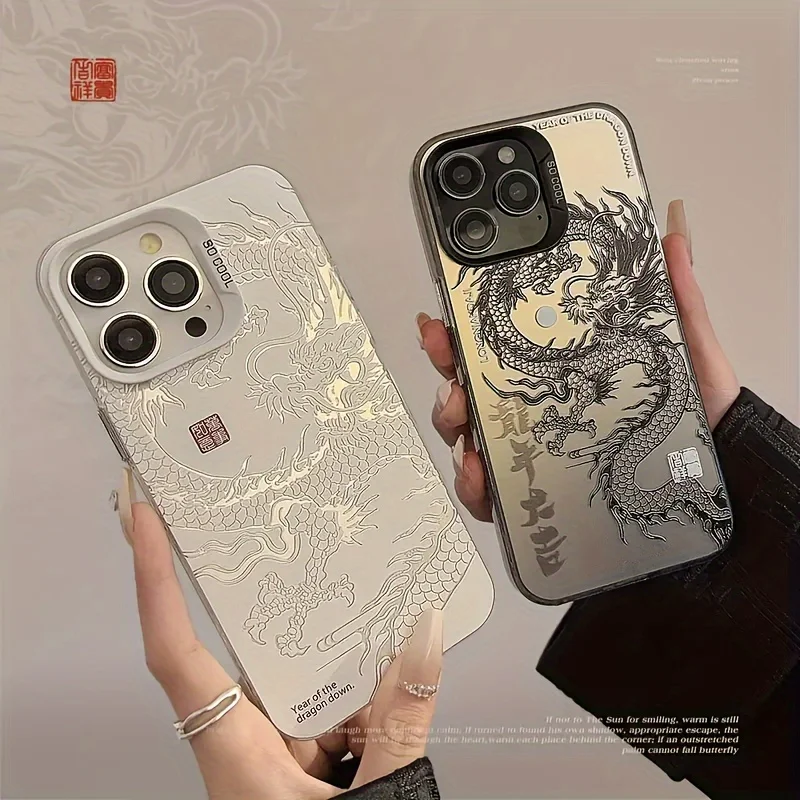 Funda iPhone17 16 15 14 13 12 11Plus Pro Max, estampado de dragón blanco y negro de alta gama