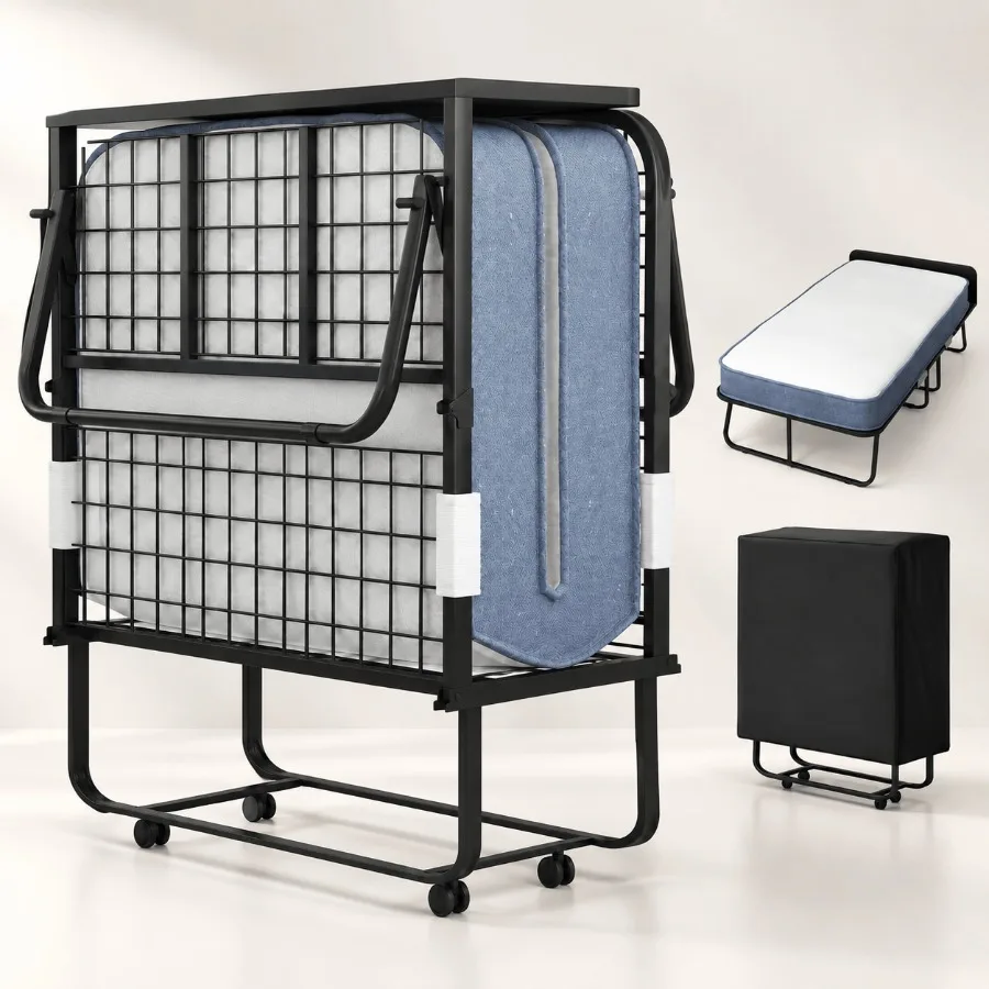 Rollaway bed for guest rooms, steel frame with 5-inch foam mattress, charcoal gray, space-saving foldable design with dustproof