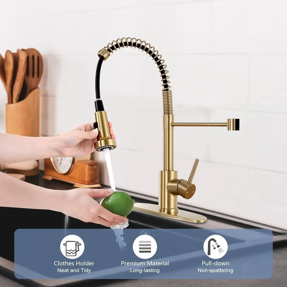 High Arc Pull-Down Sprayer Faucet in Brushed Gold for Single or 3-Hole Kitchen Sinks with Deck Plate, Suitable for Farmhouse and