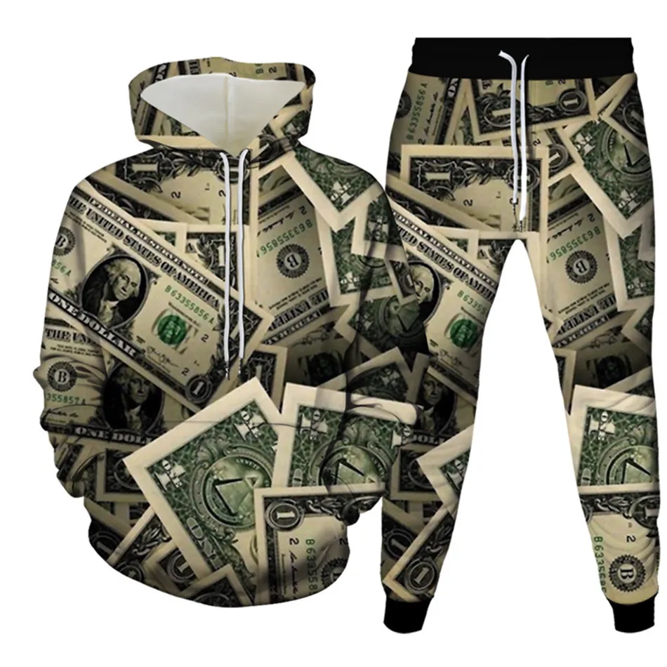 US 100 Dollar 1$ Currency Money Printed Clothes For Men Outdoor Fashion Tracksuit Sweatpants Hoodies 2 Pieces Costume Homme Sets