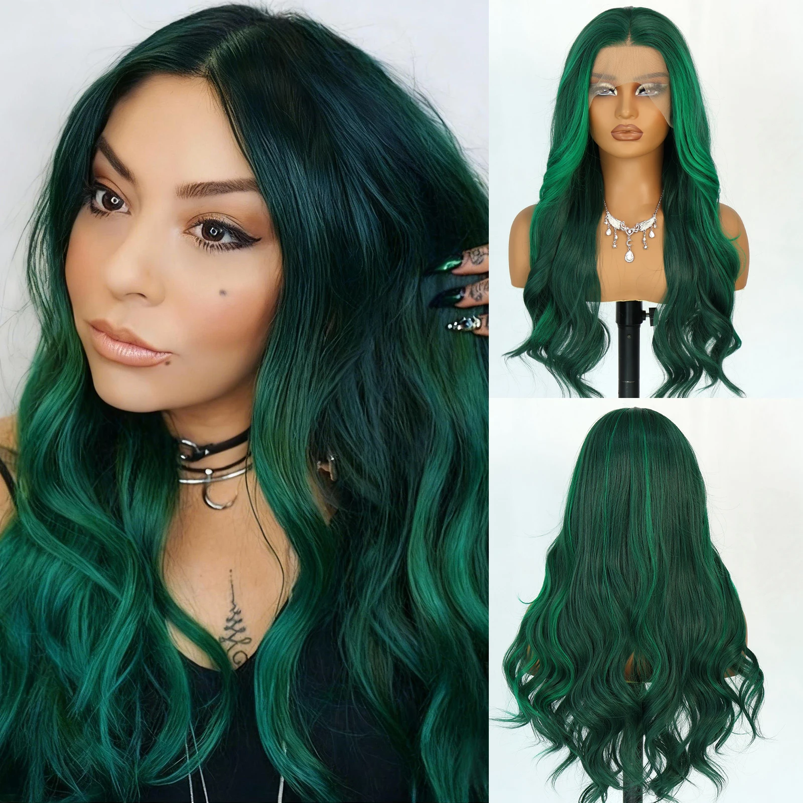 

Aubree Синтетические парики 13*4 Парик фронта шнурка для женщин Темно-зеленый Длинные волнистые 28 дюймов Плотность 180 Предварительно выщипанные натуральные волосы