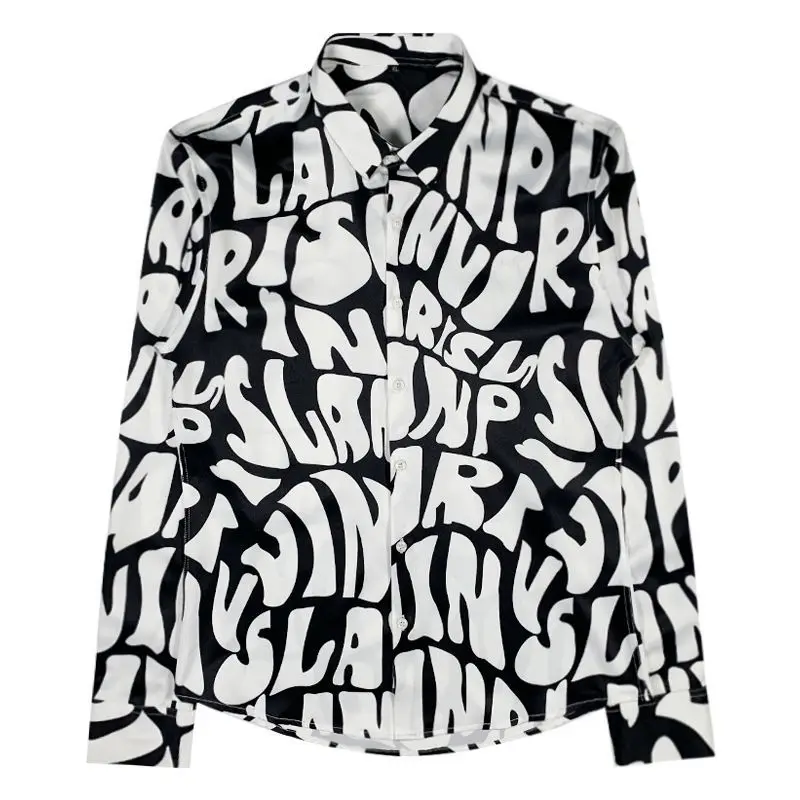 High-end Trend Streetwear Fun Letters English Printing Slim Handsome Comfortable Mash Up Men\'s Long Sleeved Shirt Autumn 2024