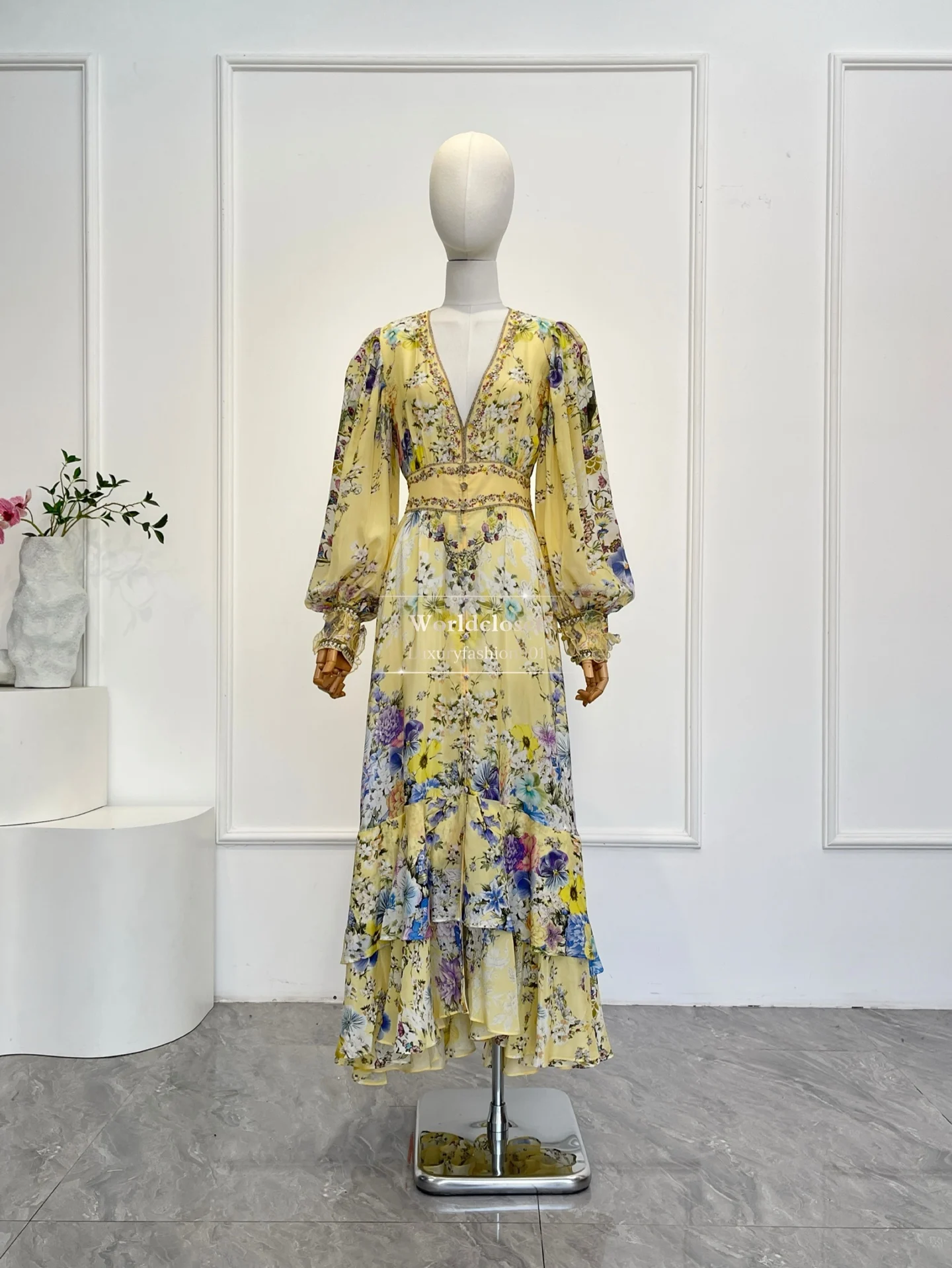 

Yellow Floral Print V-Neck Puff Sleeves Smocked Waist with Beaded Trim Tiered Ruffles Midi Dress