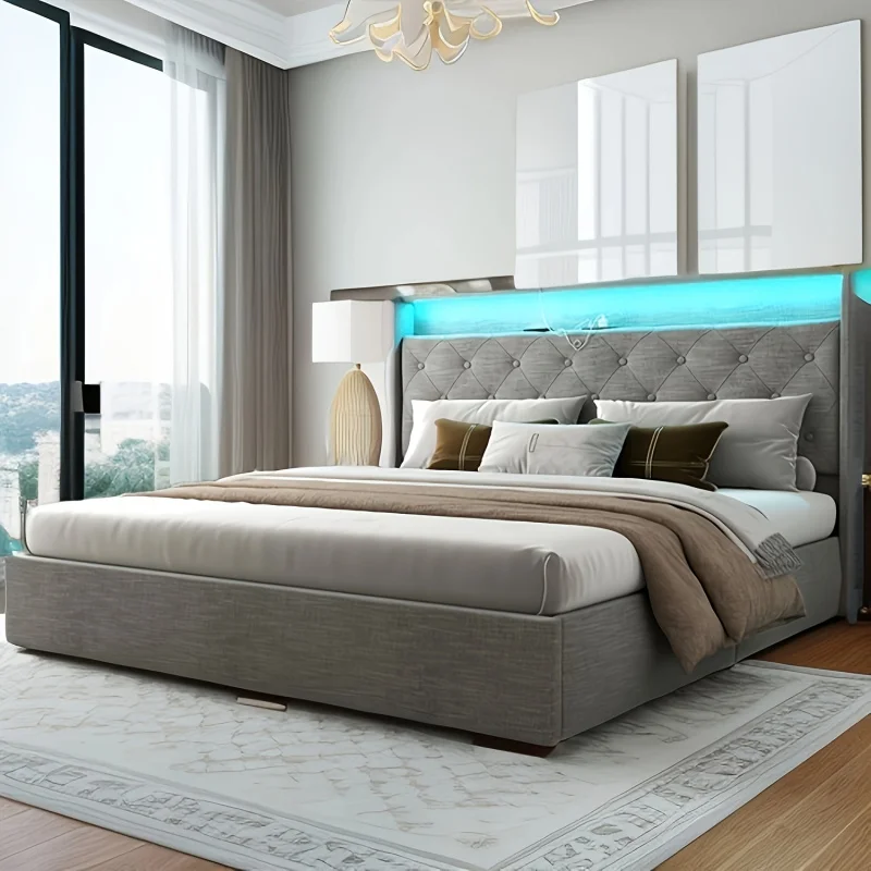 Luxury Convex Edge Storage Bed - Hydraulic Lifting，Modern Soft-Covered Platform Bed Frame