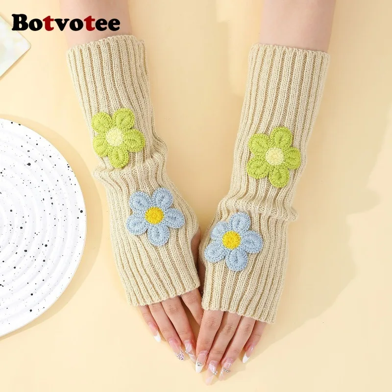 Botvotee الأكمام للنساء Y2k اكسسوارات الحلو الوردي زهرة نصف اصبع مدفئات للذراع نمط Preppy الشتاء متماسكة أصابع قفازات #4
