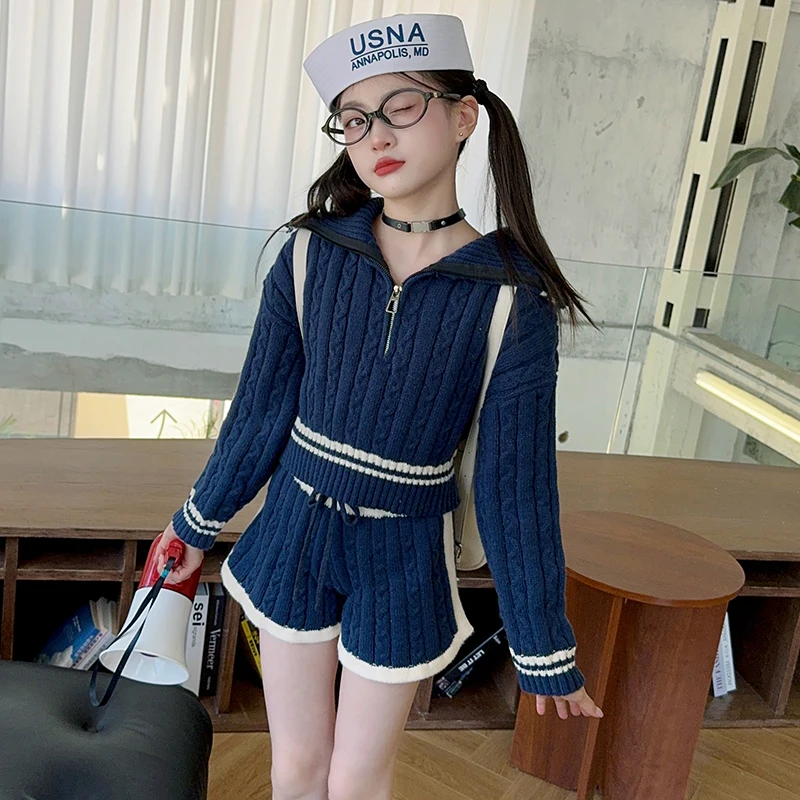 teen girls Sweater Set Korean Zipper Loose short Tops coat+High Waist Shorts 2pcs junior kid wist Knit suit Casual Child outfits