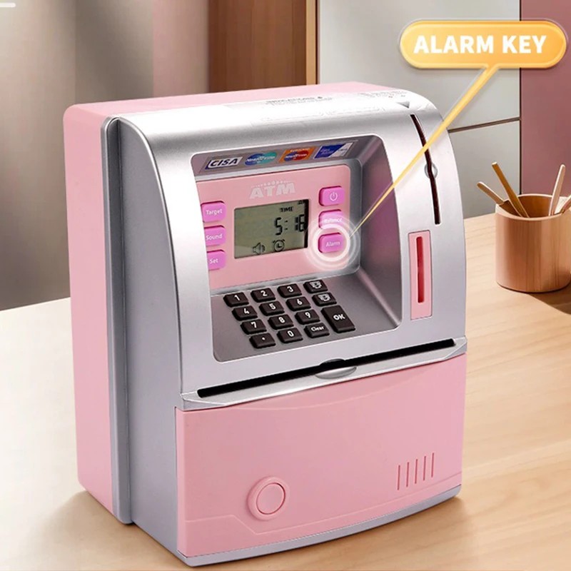 Table Digital Alarm Clock, Real Estate Bank, Password ATM Machines for Adult, Real Money Safe Box, Piggy Bank Money Drawer