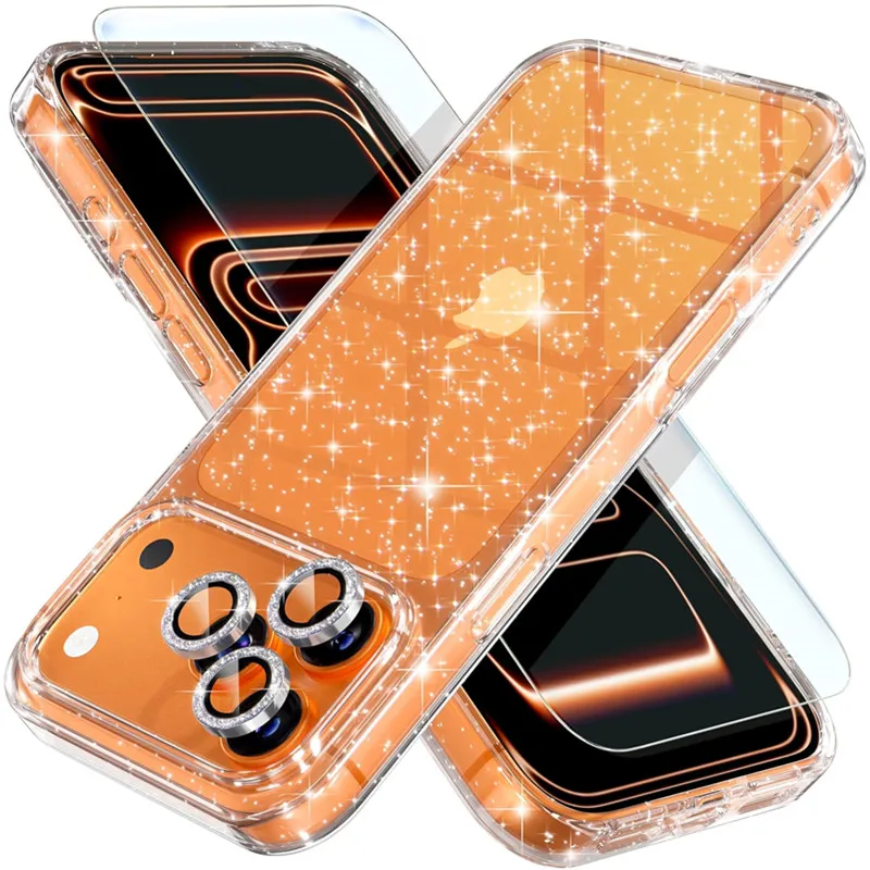 3-in-1 Kameraobjektivschutz & Displayschutz & Glitzer-Softcase für iPhone 17 Air 16 15 14 13 Pro Max Plus 17Air Hülle