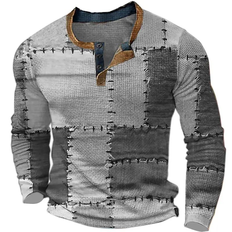 Spring Autumn Henley Shirts Color Block Patchwork 3D Printed Men's Fashion Vintage Button-Down Long Sleeve T Shirt Man Tees Tops