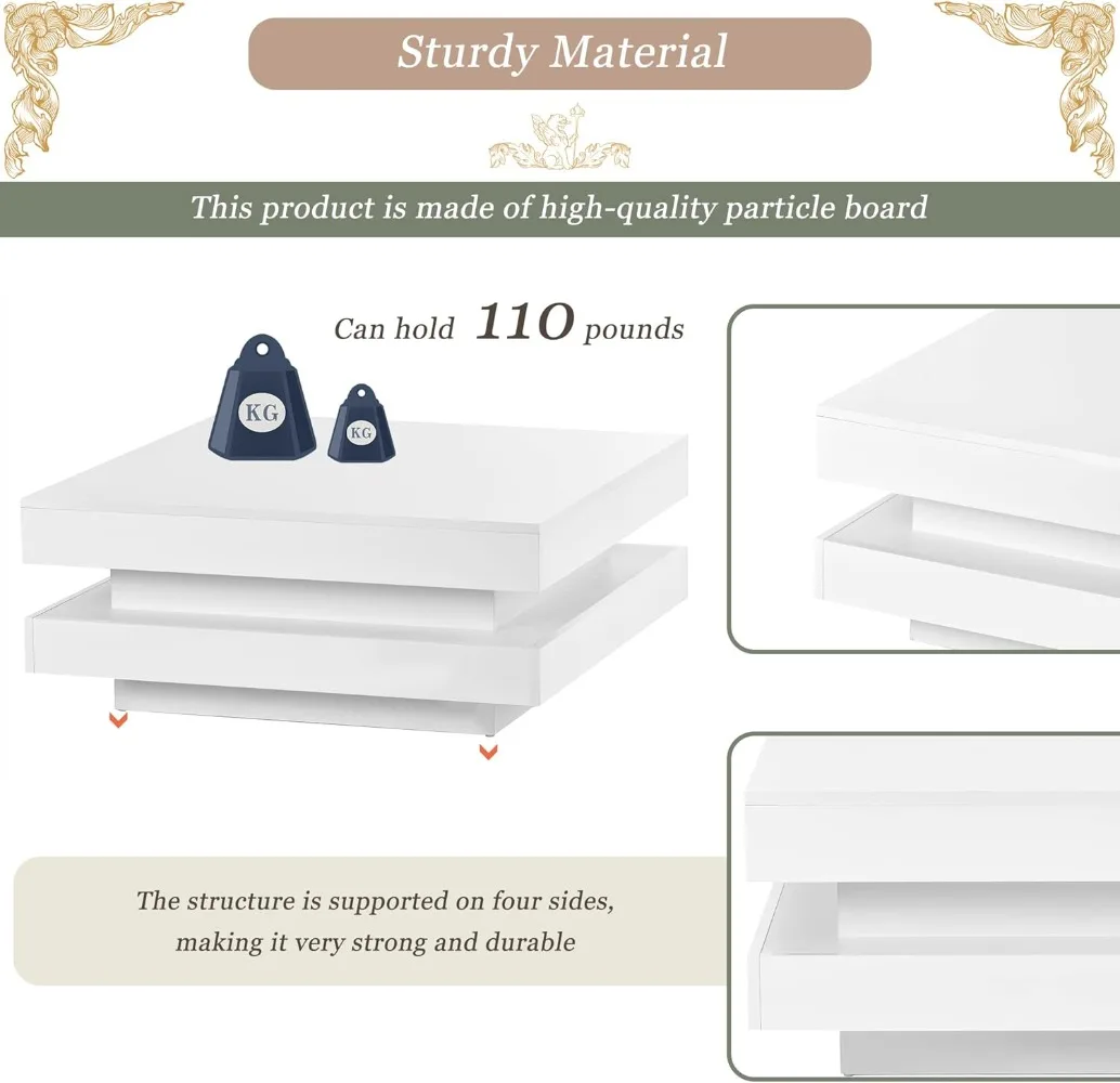 モダンなコーヒーテーブル、プラグイン16色LEDライト付き2段正方形コーヒーテーブル、高光沢コーヒーテーブル、センターテーブル