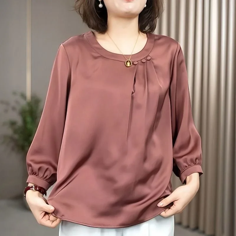 

Elegant Women Satin Smooth Blouse O Neck Long Sleeve Loose Casual Tops Mature Mother Solid Color Spring Soft Shirt