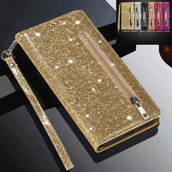 Glitter Zippered Wallet Case Flip Cover dla Samsung Galaxy S24 S23 S22 Ultra S21 FE S20 Plus A13 A14 A15 A24 A34 A54 A53 A35 A55