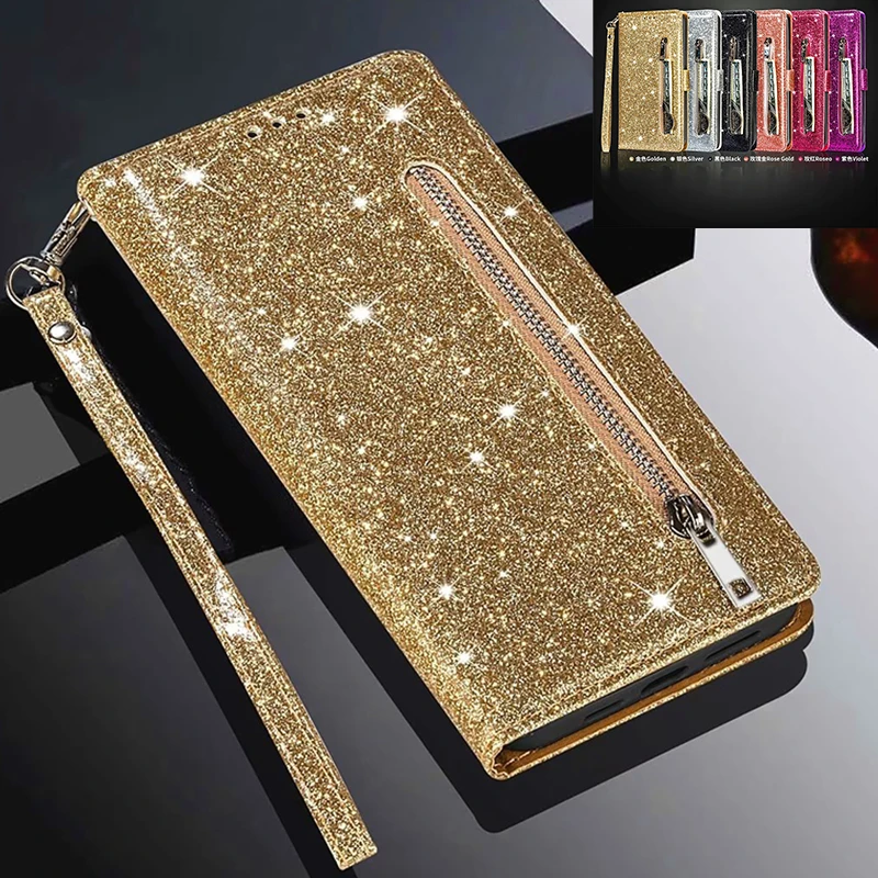 Glitter Zippered Wallet Case Flip Cover For Samsung Galaxy S24 S23 S22 Ultra S21 FE S20 Plus A13 A14 A15 A24 A34 A54 A53 A35 A55