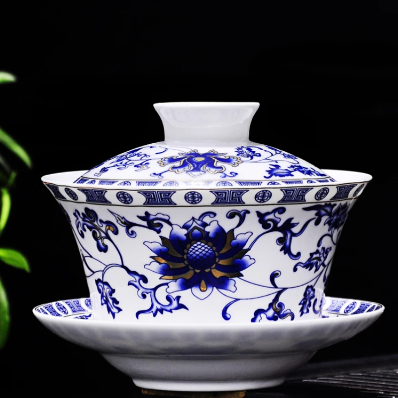 Jingdezhen Ceramic Cover Bowl Household Kitchen Blue and White Porcelain Tea Tureen Office Single Person Three Talent Teaware