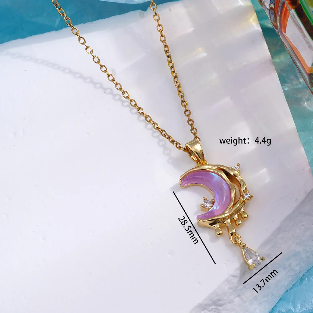 8pcs/set Moon Stainless Steel Chain Necklace Korea Colorful Glazed Stone Pendant Necklaces for Women Fashion Jewelry