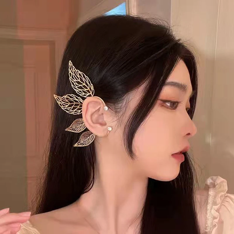 1 Pc Chic Elf Ear Cuff Maple Leaf Hollowed Zircon Leaf Cosplay Fairy Earring Clips for Women Girls Wedding Ear Cuff Jewelry