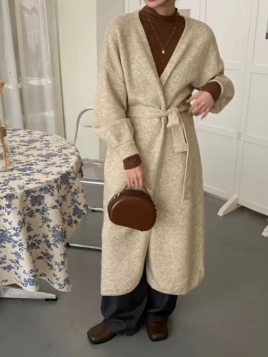 

Оригинальный вязаный кардиган Aimistyle средней длины для женщин, в расслабленном стиле, до колен, с V-образным вырезом, утолщенный, в корейском стиле